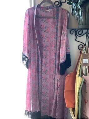 Light Pink Floral Fringe Kimono Robe Karma Highway